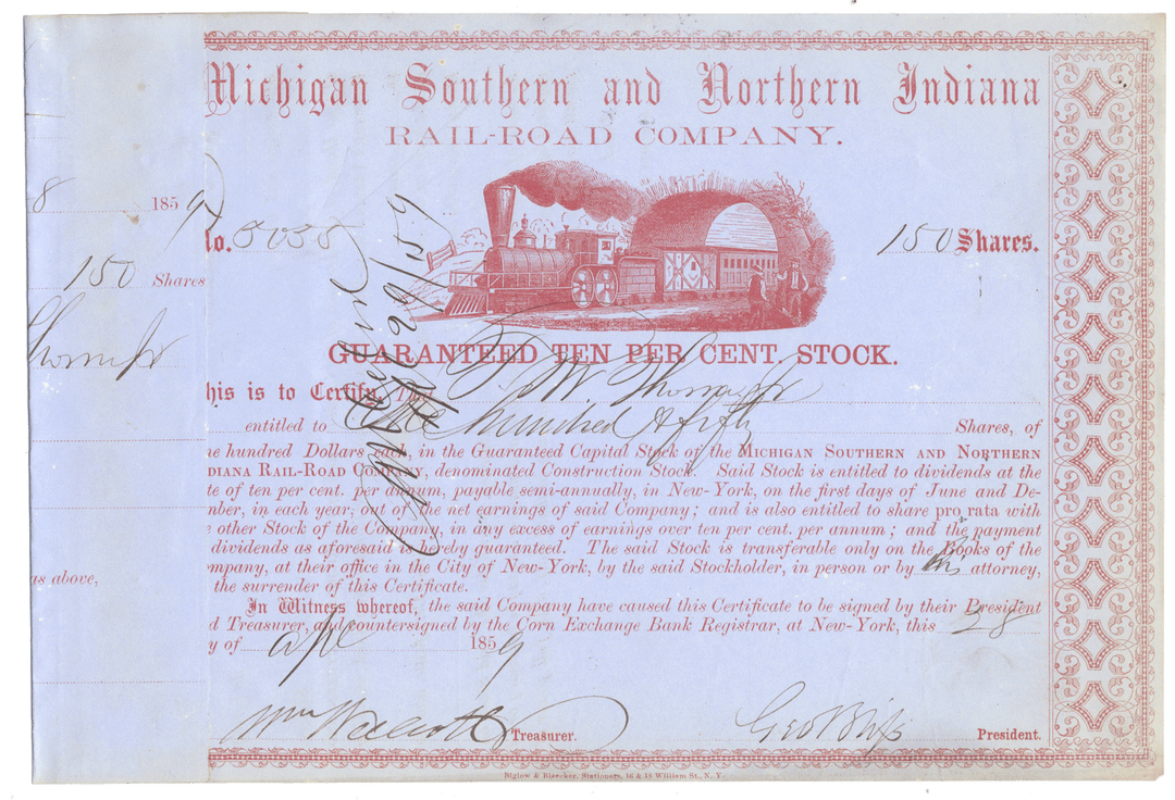 Vintage stock certificate of the Michigan Southern and Northern Indiana Railroad Company from 1859