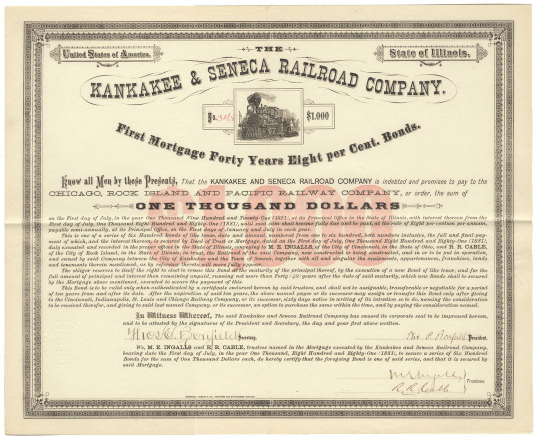 Kankakee & Seneca Railroad Company Bond Certificate Signed by Melville Ingalls