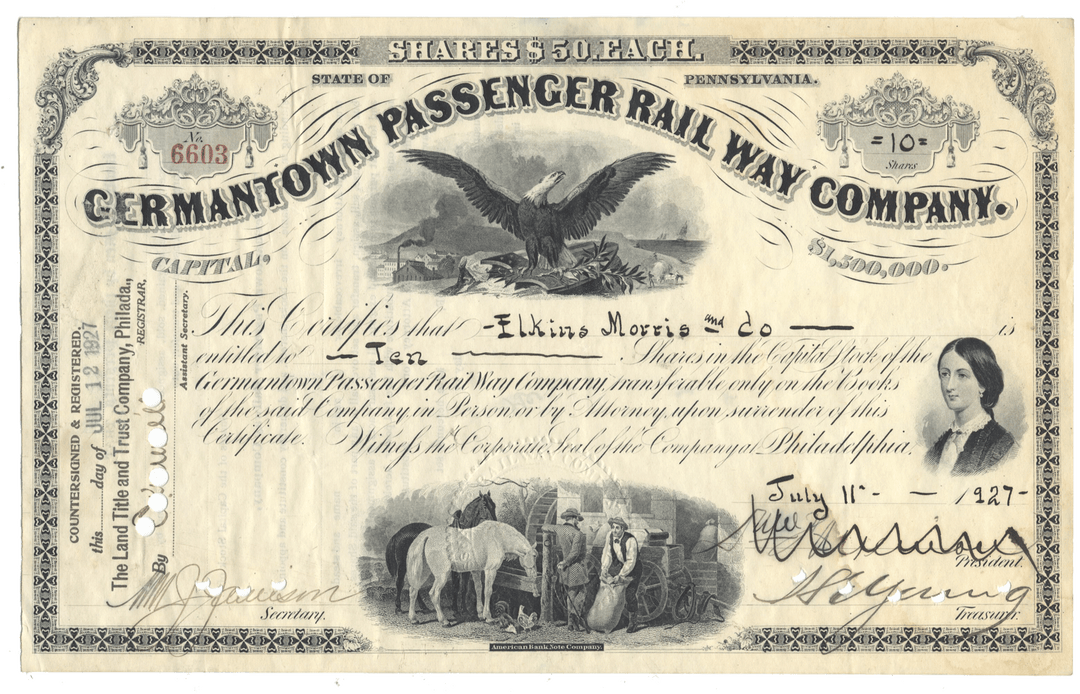 Share certificate from the Germantown Passenger Railway Company from 1927