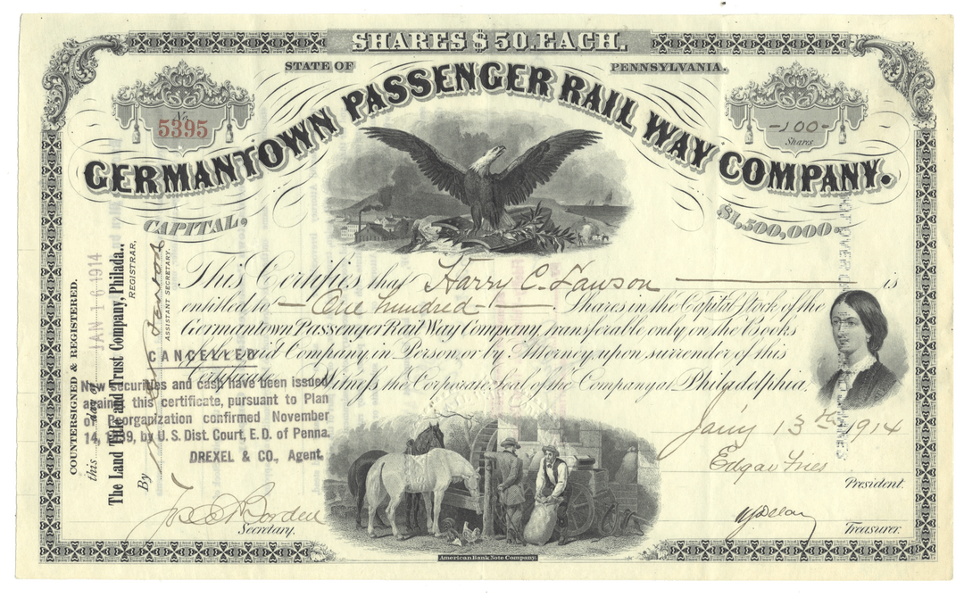 An antique stock certificate from the Germantown Passenger Rail Way Company, dated January 13, 1914.
