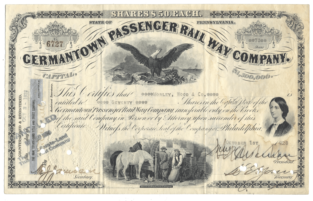 Vintage stock certificate of the Germantown Passenger Railway Company with an eagle and horse illustrations.