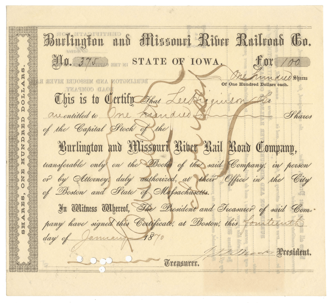 Vintage stock certificate from Burlington and Missouri River Railroad Co. with intricate details and text.
