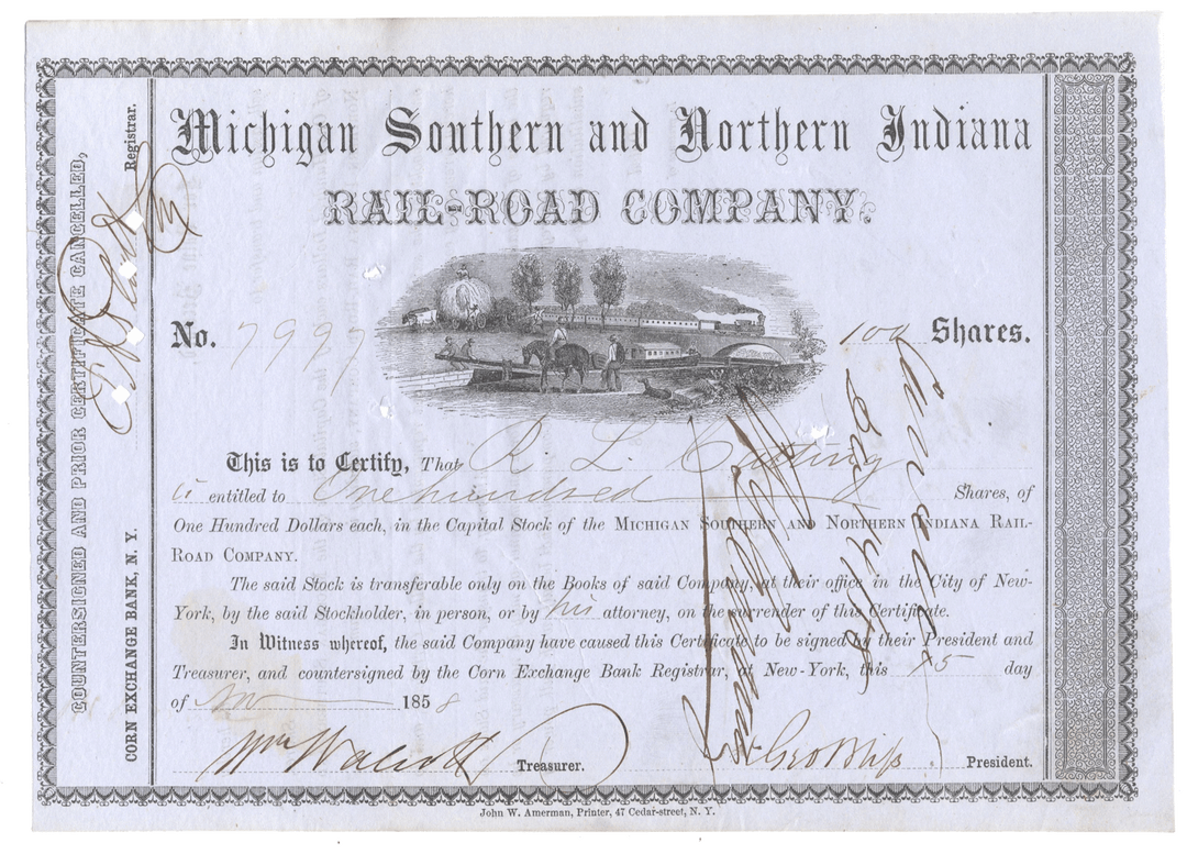 Stock certificate of the Michigan Southern and Northern Indiana Rail-Road Company with a train illustration from 1858
