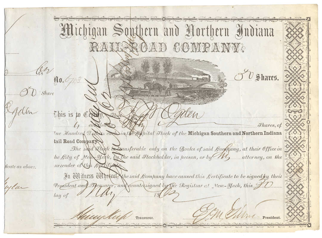 Michigan Southern and Northern Indiana Rail-Road Company Stock Certificate Signed by Henry Keep