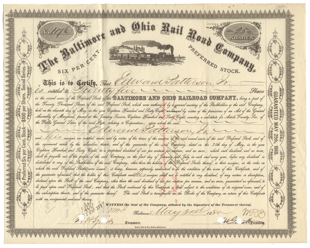 Baltimore and Ohio Rail Road Company Stock Certificate Signed by John Work Garrett