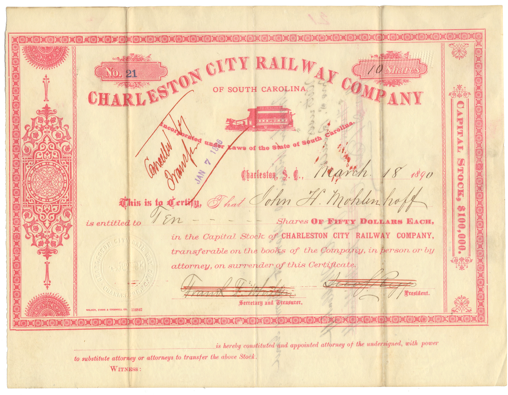 Charleston City Railway Company stock certificate from 1890