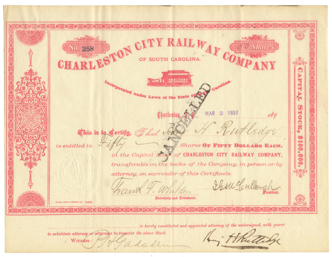 Charleston City Railway Company stock certificate from 1897.