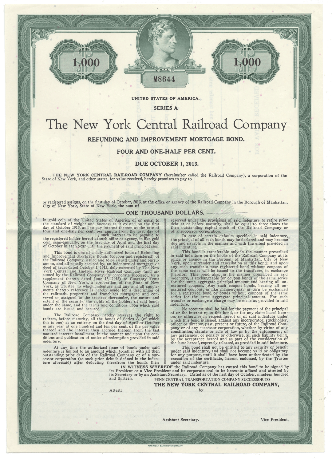 Vintage bond certificate from The New York Central Railroad Company from 1913