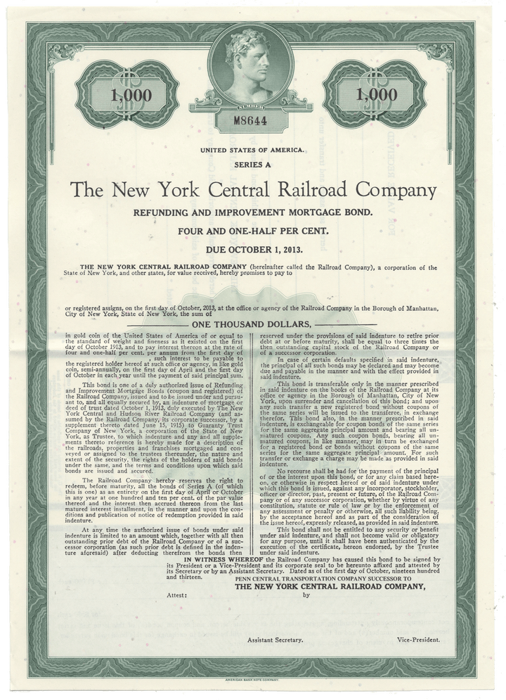 Vintage bond certificate from The New York Central Railroad Company from 1913