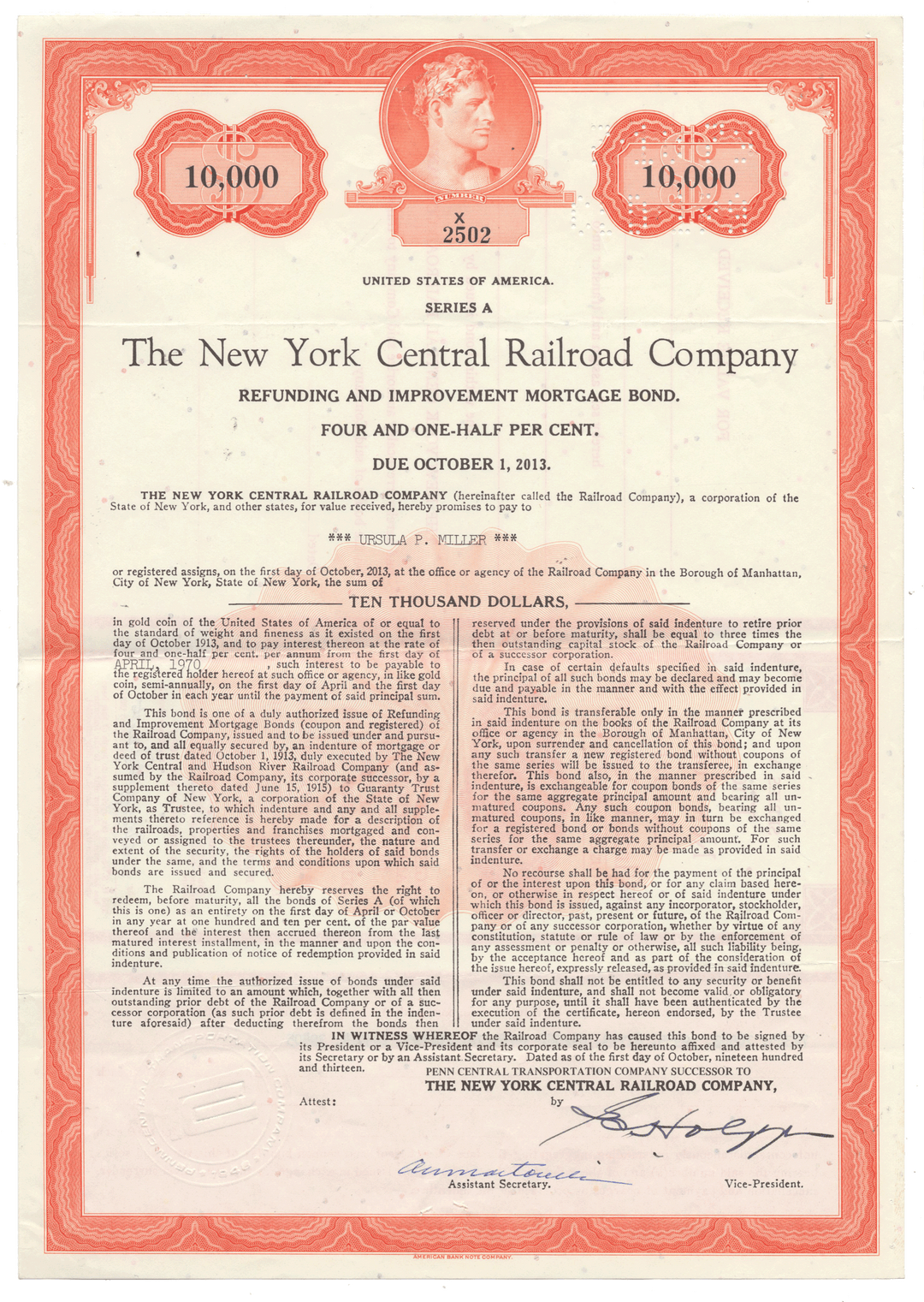 Vintage bond certificate from The New York Central Railroad Company from 1913