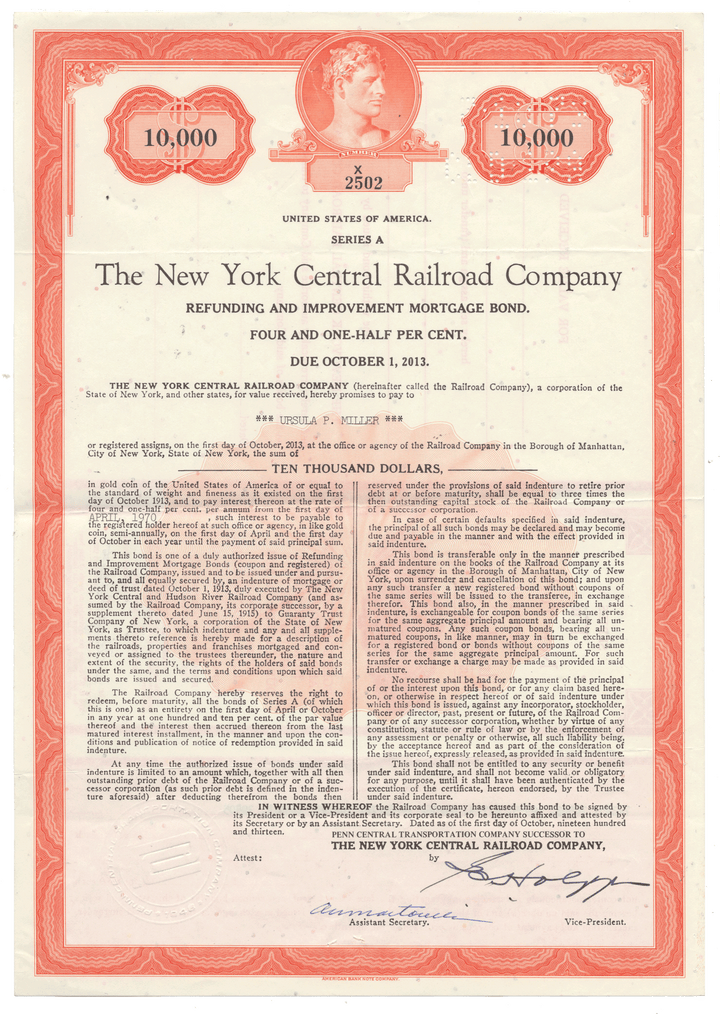 Vintage bond certificate from The New York Central Railroad Company from 1913