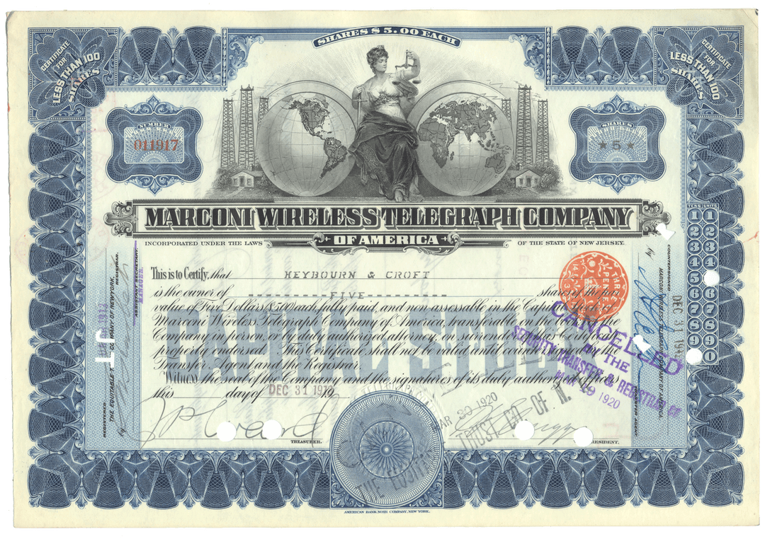 Marconi Wireless Telegraph Company of America Stock Certificate from 1912