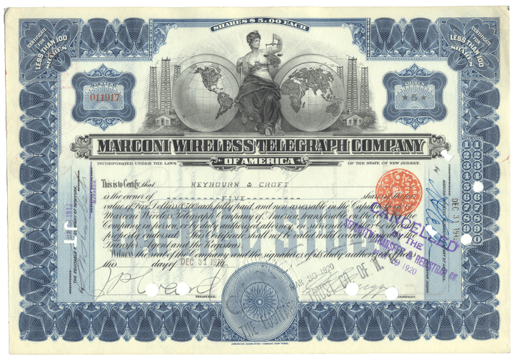 Marconi Wireless Telegraph Company of America Stock Certificate from 1912