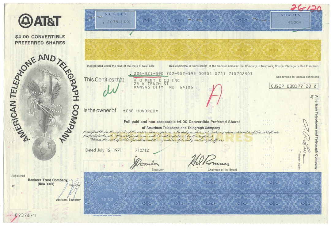 Vintage AT&T stock certificate with blue and yellow design