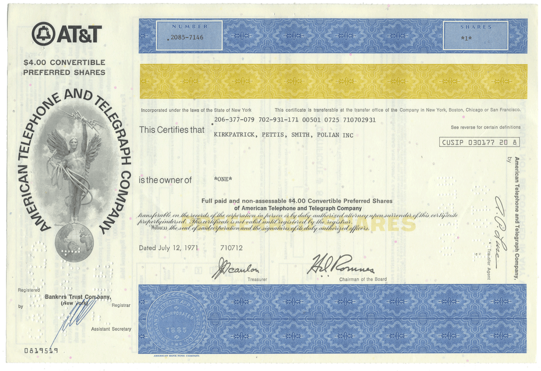 American Telephone & Telegraph Company Stock Certificate