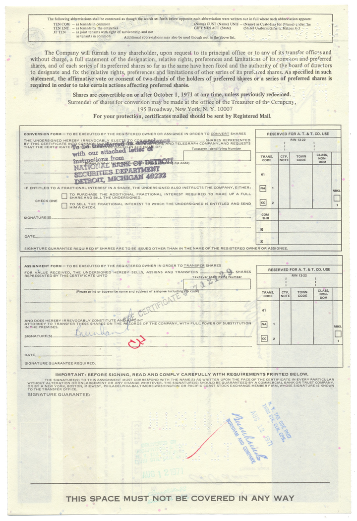 American Telephone & Telegraph Company Stock Certificate