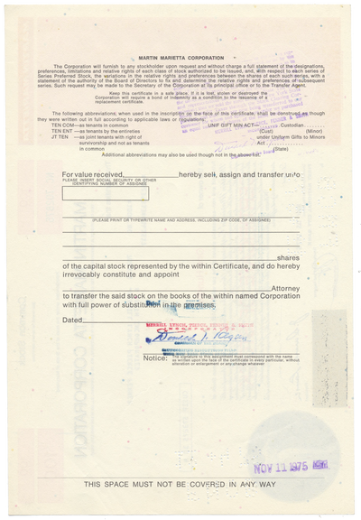 Martin-Marietta Corporation Stock Certificate
