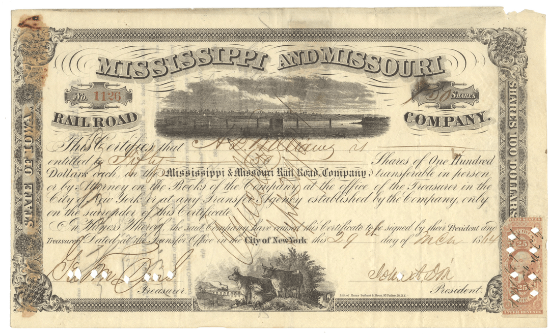 Mississippi and Missouri Rail Road Company Stock Certificate Signed by John Adams Dix