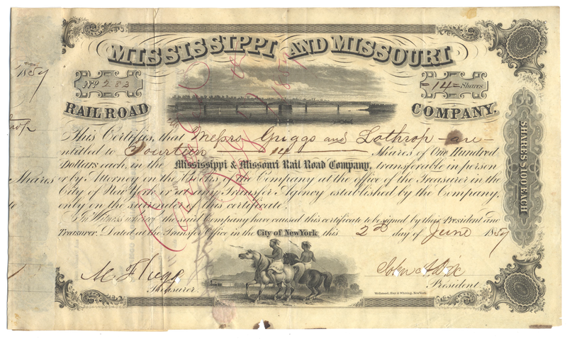 Mississippi and Missouri Rail Road Company Stock Certificate Signed by John Adams Dix