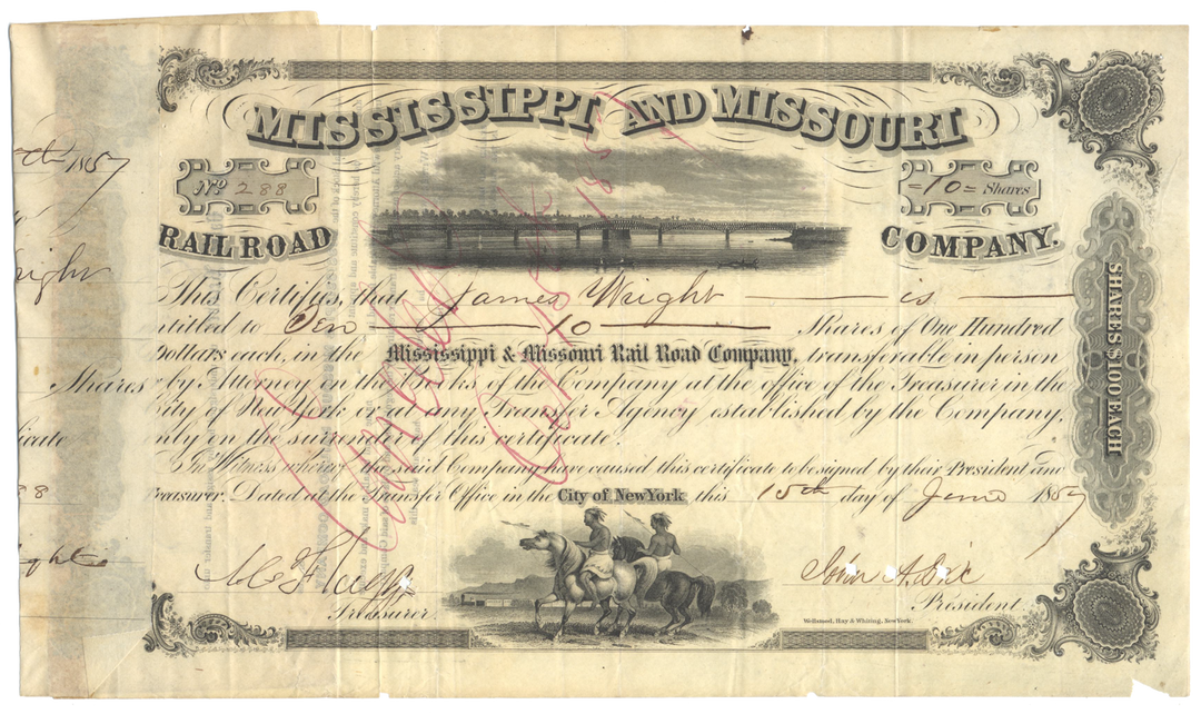 Mississippi and Missouri Rail Road Company Stock Certificate Signed by John Adams Dix