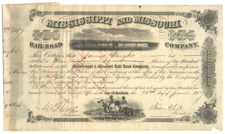 Mississippi and Missouri Rail Road Company Stock Certificate Signed by John Adams Dix