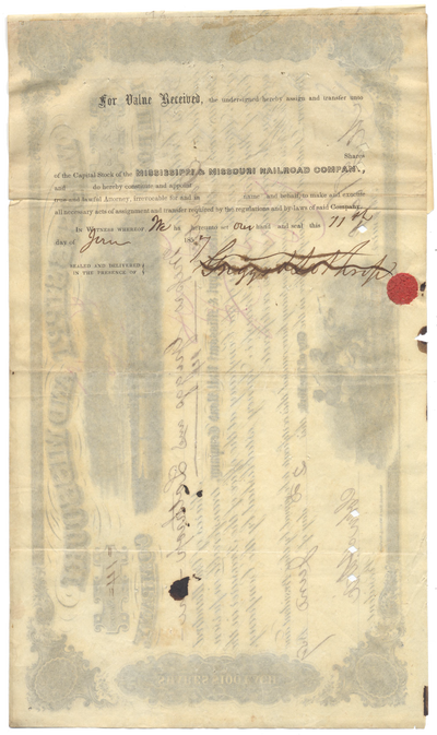 Mississippi and Missouri Rail Road Company Stock Certificate Signed by John Adams Dix