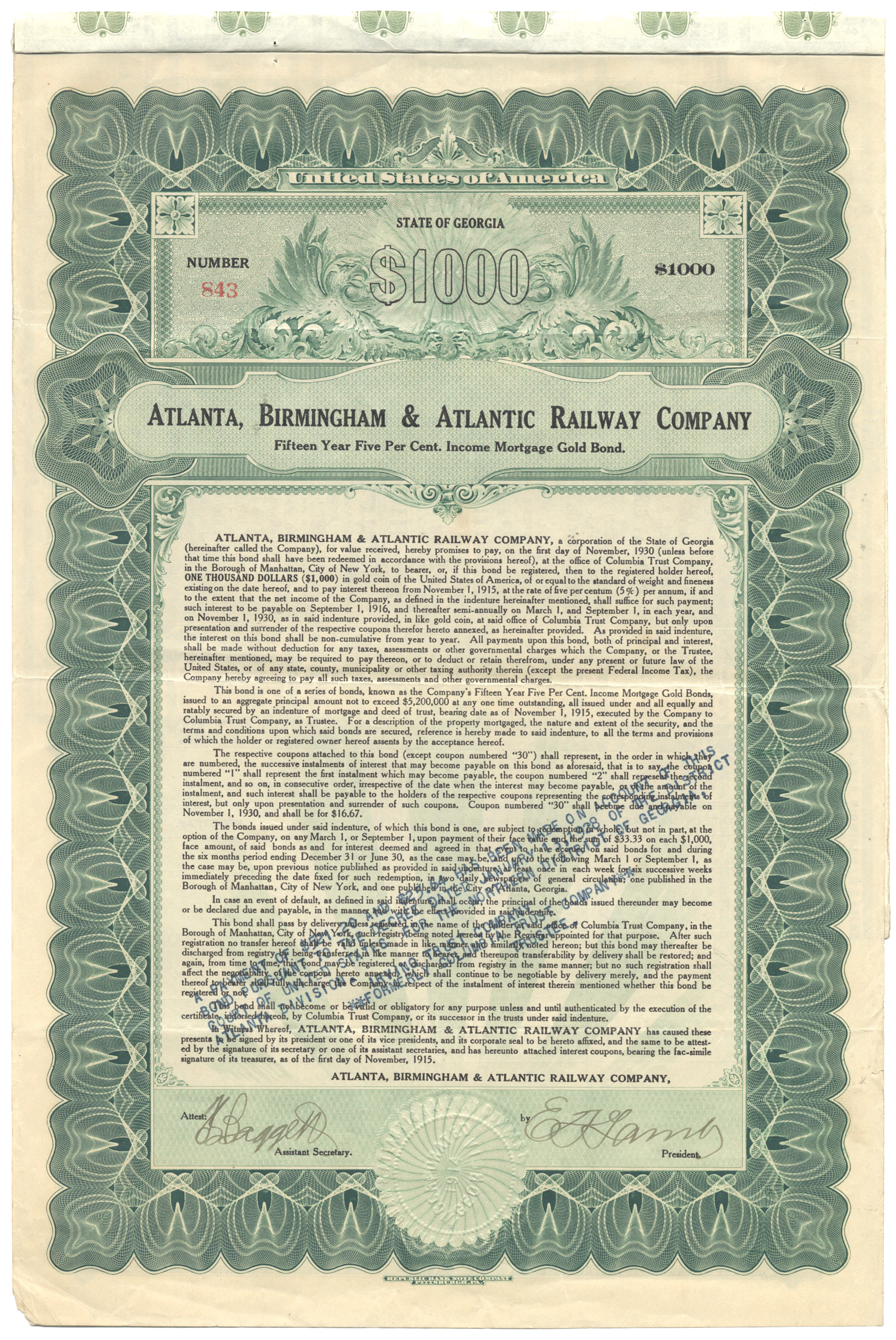 Historical bond certificate from the Atlanta, Birmingham & Atlantic Railway Company dating back to 1915