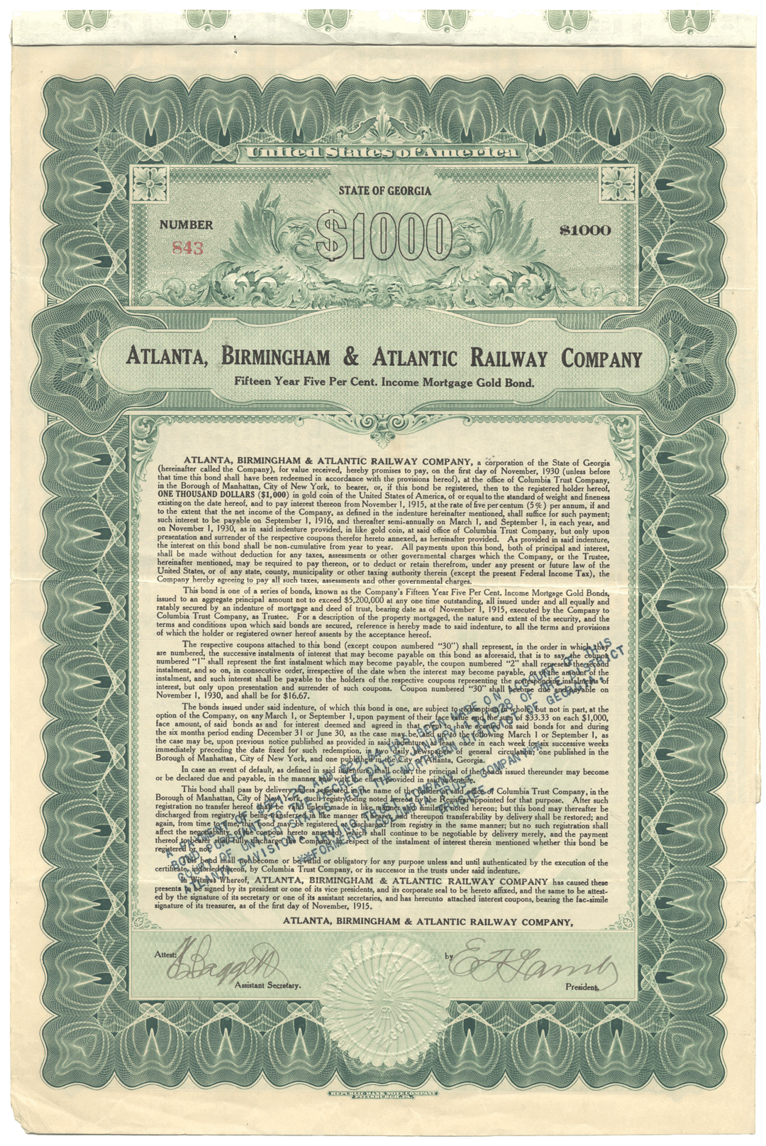 Historical bond certificate from the Atlanta, Birmingham & Atlantic Railway Company dating back to 1915