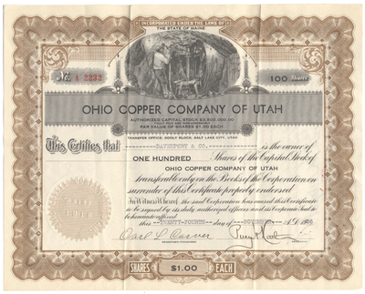 Ohio Copper Company of Utah Stock Certificate