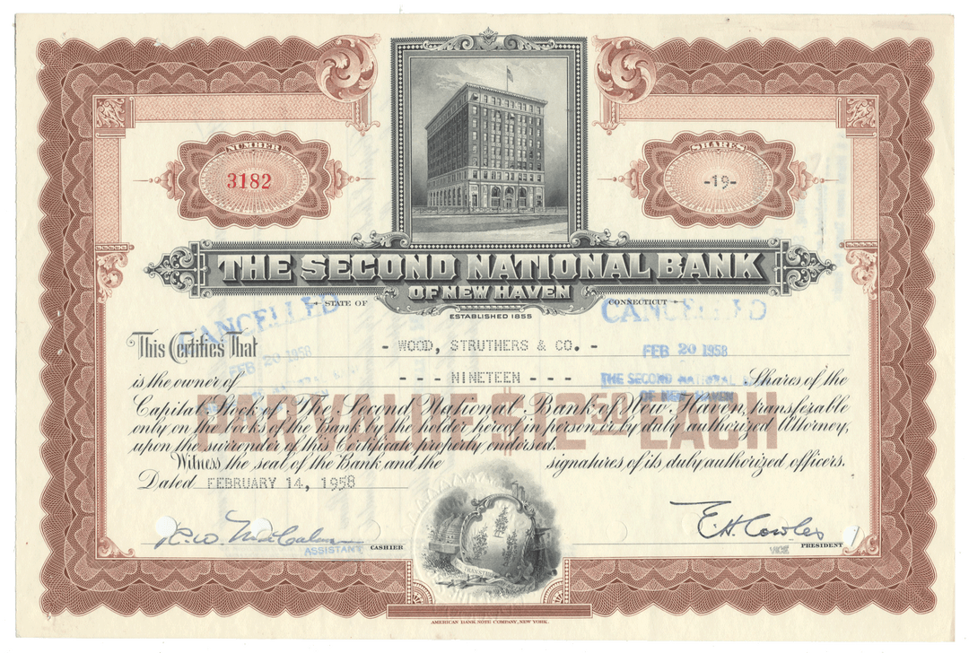 Vintage stock certificate for The Second National Bank of New Haven from 1958