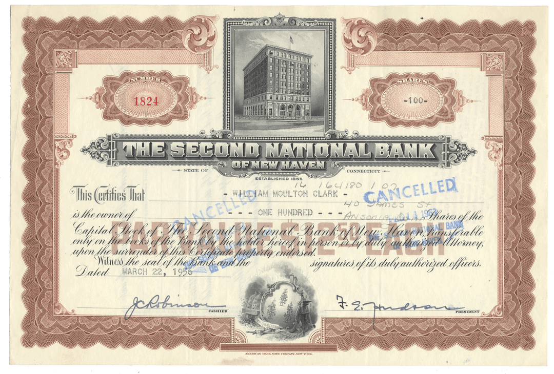 Stock certificate from The Second National Bank of New Haven with architectural illustration and text from 1956