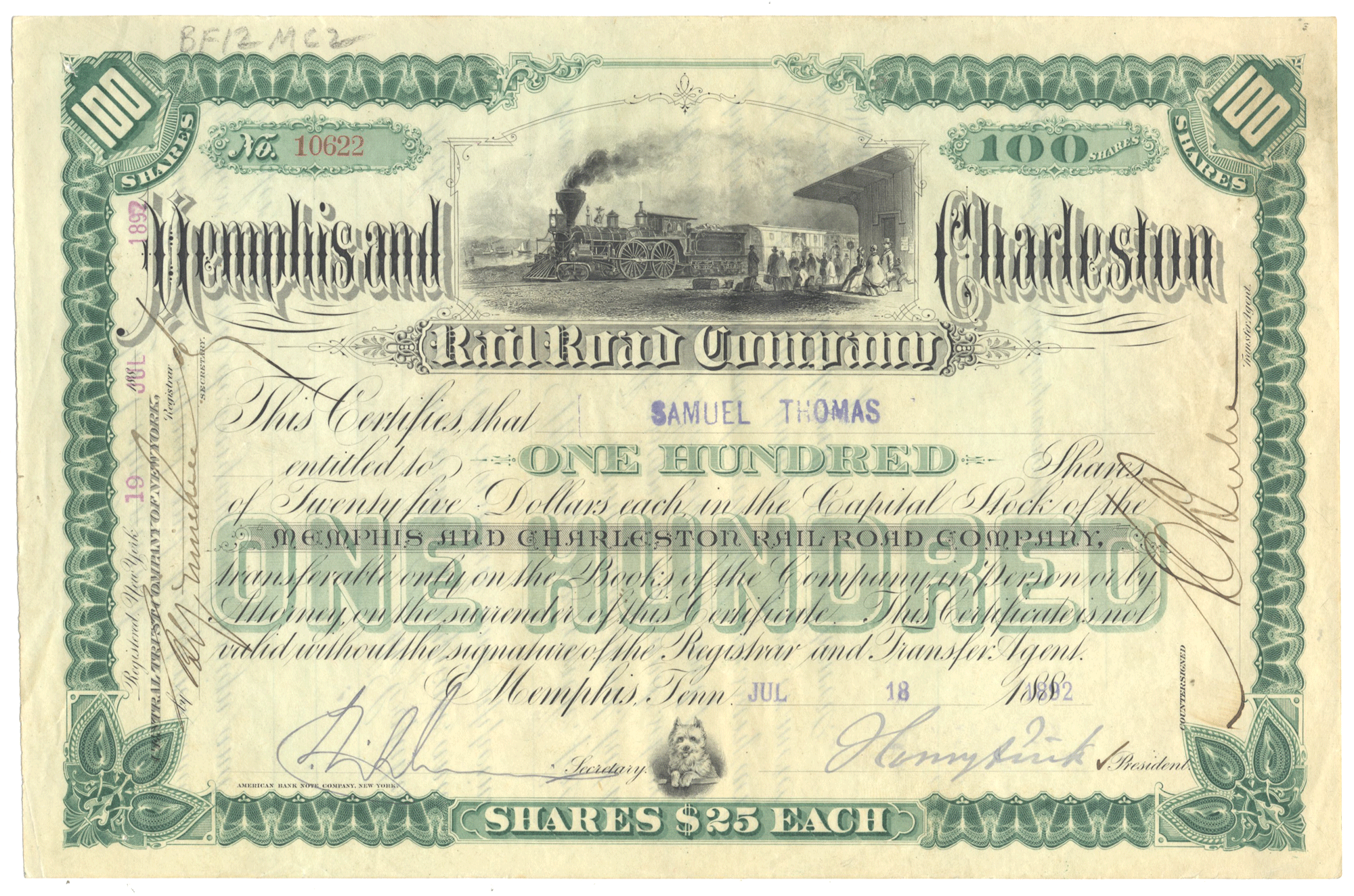 Historical stock certificate for the Memphis and Charleston Railroad Company with a steam locomotive illustration.