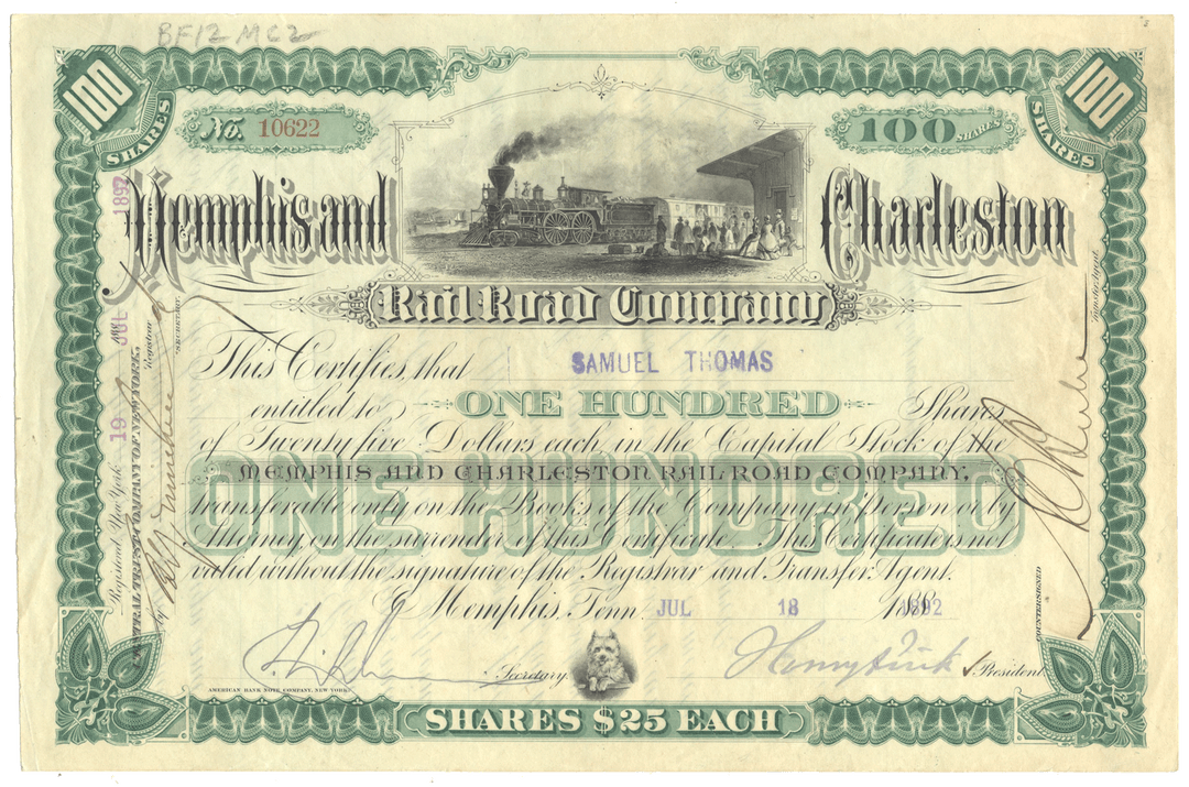 Historical stock certificate for the Memphis and Charleston Railroad Company with a steam locomotive illustration.