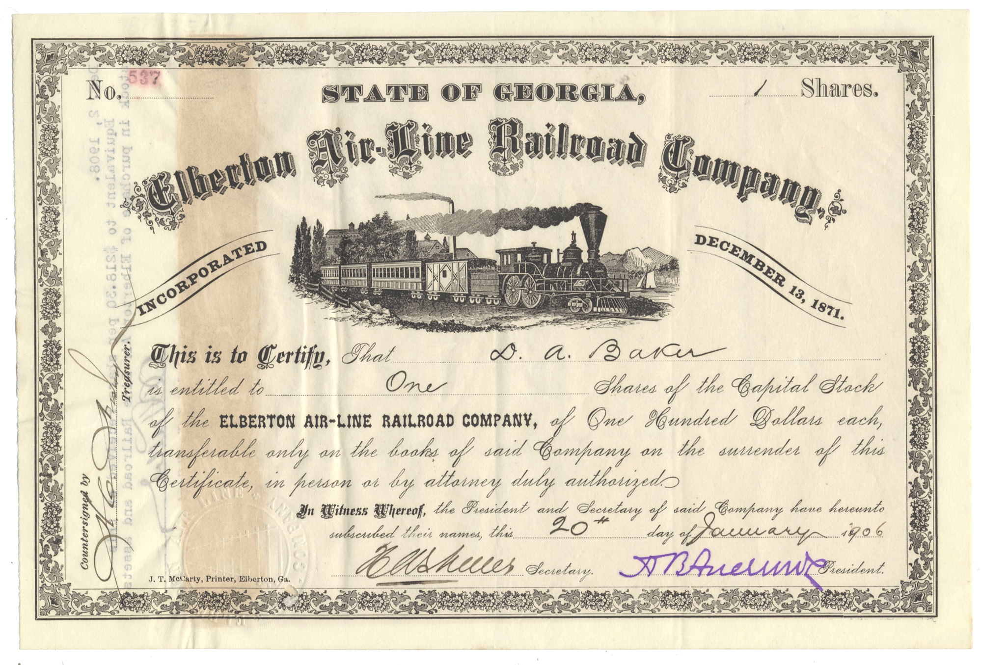 Historical stock certificate for Elberton Air-Line Railroad Company with a train illustration.