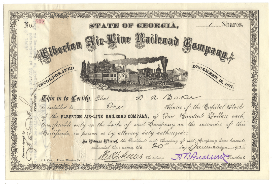 Historical stock certificate for Elberton Air-Line Railroad Company with a train illustration.