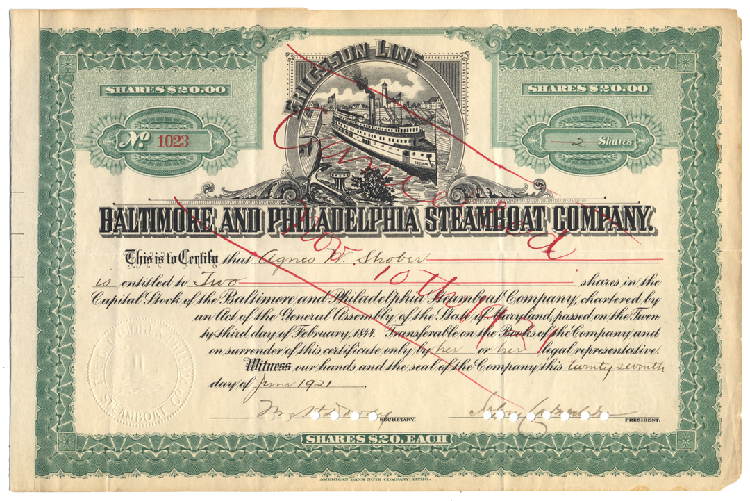 Baltimore and Philadelphia Steamboat Company Stock Certificate