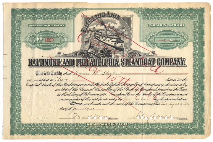 Baltimore and Philadelphia Steamboat Company Stock Certificate