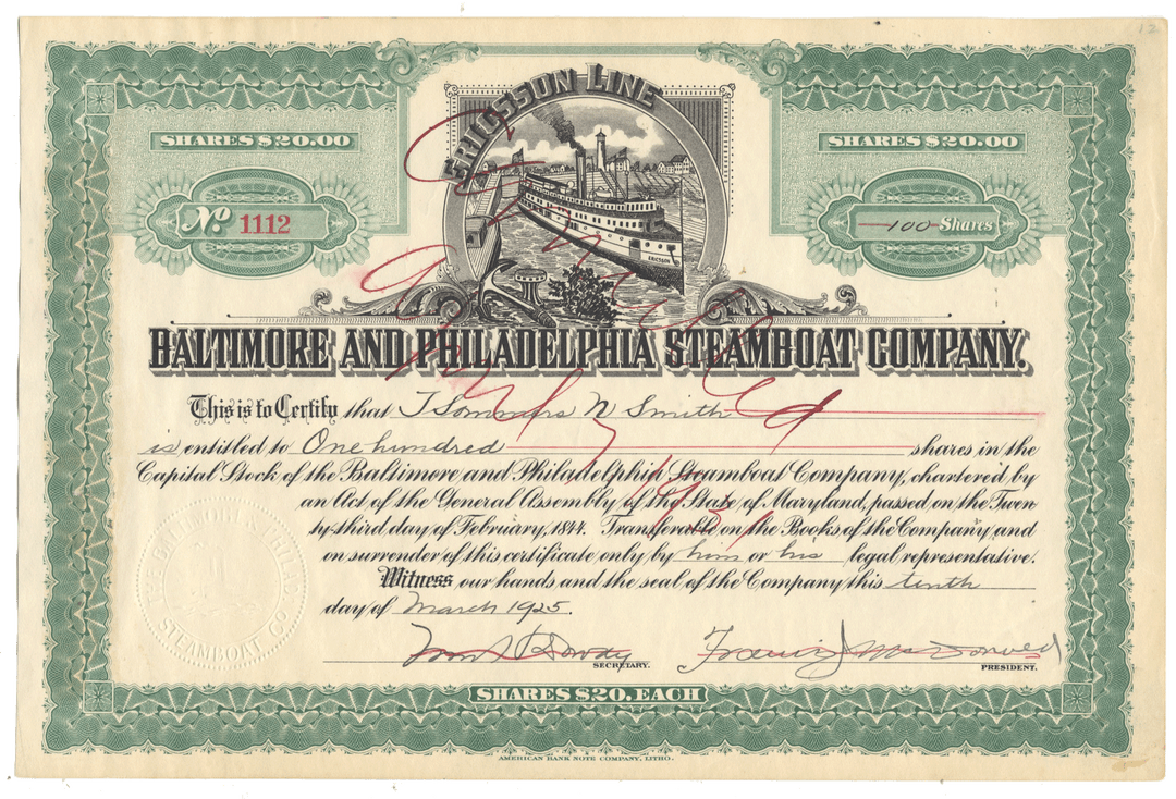 Historical stock certificate for Baltimore and Philadelphia Steamboat Company with decorative elements from 1925