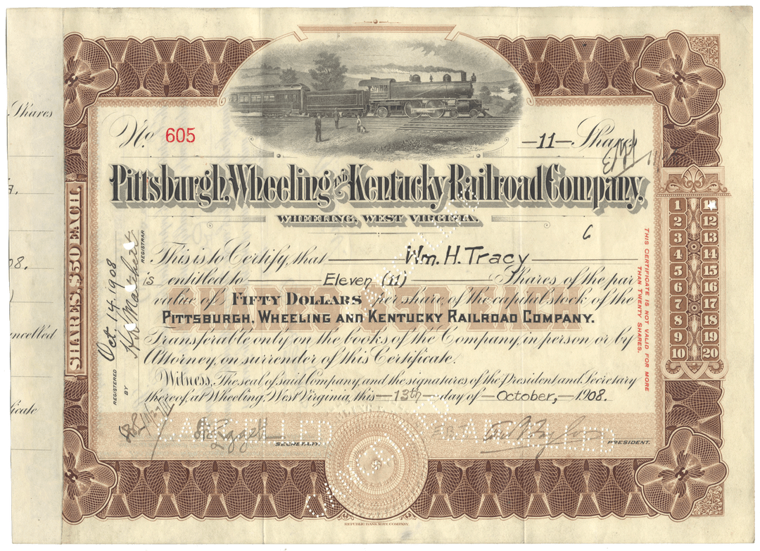 An antique stock certificate from the Pittsburgh, Wheeling and Kentucky Railroad Company, dated October 13, 1908