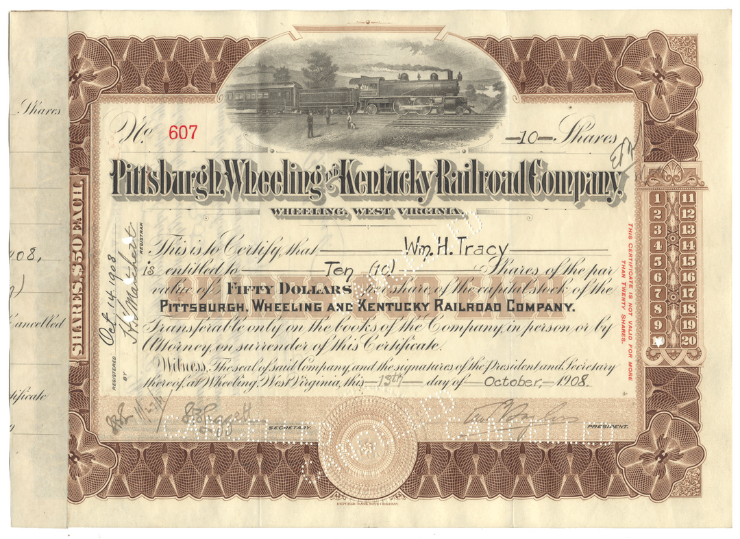 Pittsburgh, Wheeling & Kentucky Railroad Company stock certificate from 1908