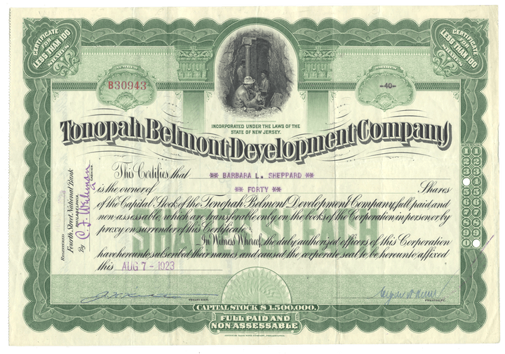 Vintage stock certificate for Tonopah Belmont Development Company with green and white design.