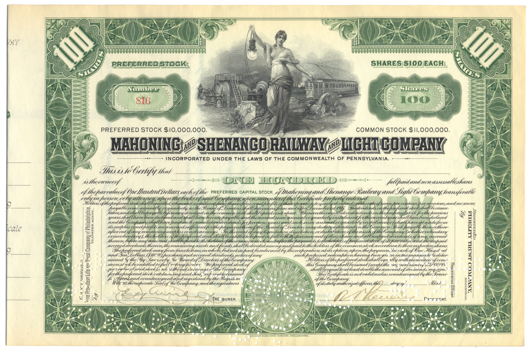 Mahoning and Shenango Railway and Light Company Stock Certificate