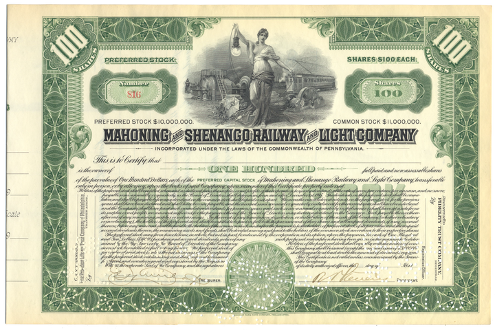 Mahoning and Shenango Railway and Light Company Stock Certificate