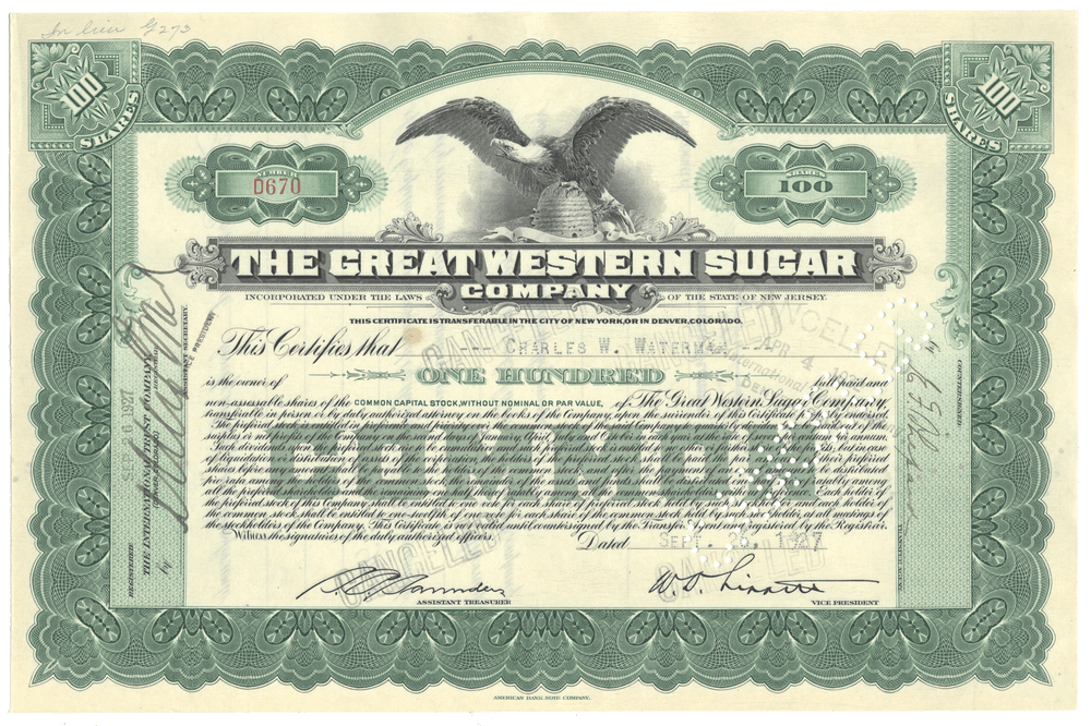 Great Western Sugar Company Stock Certificate