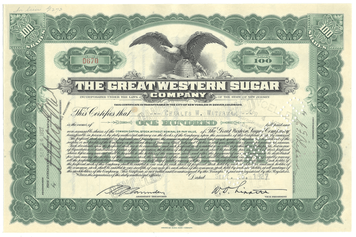 Great Western Sugar Company Stock Certificate