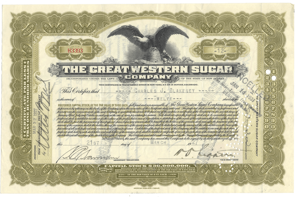 Great Western Sugar Company Stock Certificate