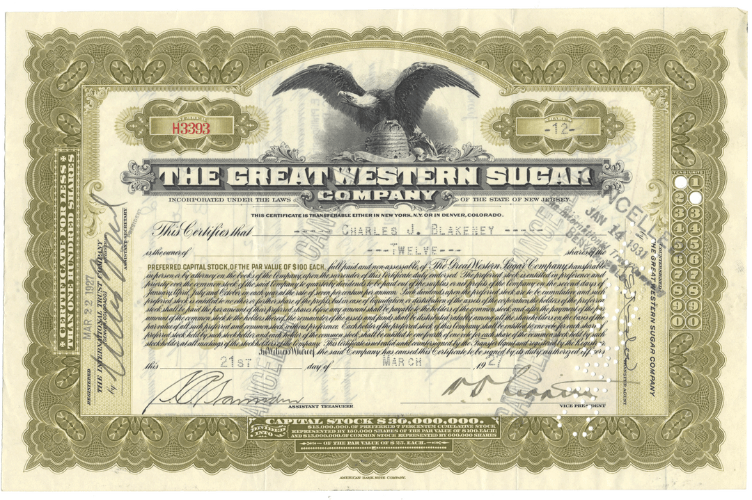 Great Western Sugar Company Stock Certificate