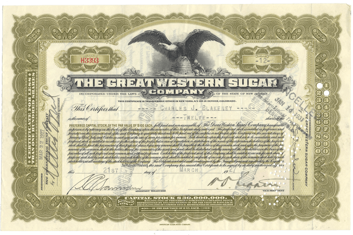Great Western Sugar Company Stock Certificate