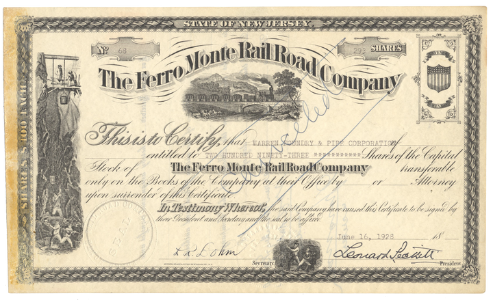 Ferro Monte Rail Road Company Stock Certificate