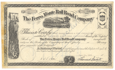 Ferro Monte Rail Road Company Stock Certificate